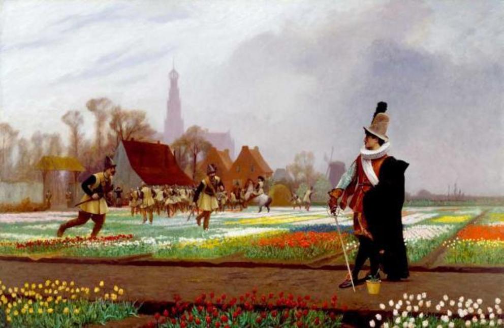 The Tulip Folly, by Jean-Léon Gérôme, 1882. A nobleman guards an exceptional bloom as soldiers trample flowerbeds in a vain attempt to stabilize the tulipmania market by limiting the supply.